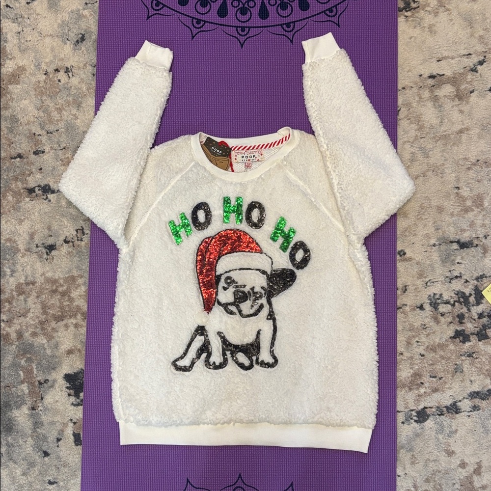 Poof! White Holiday Sweater with Christmas Bulldog Ho Ho Ho size Medium NWT